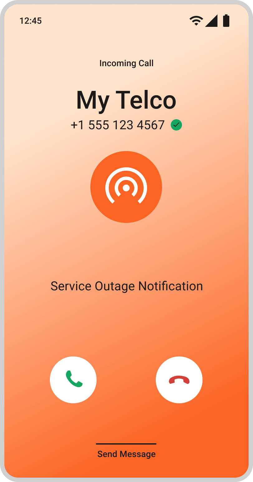 Android incoming call screen showing a verified telecom service outage notification with branded caller ID and answer or decline call options.