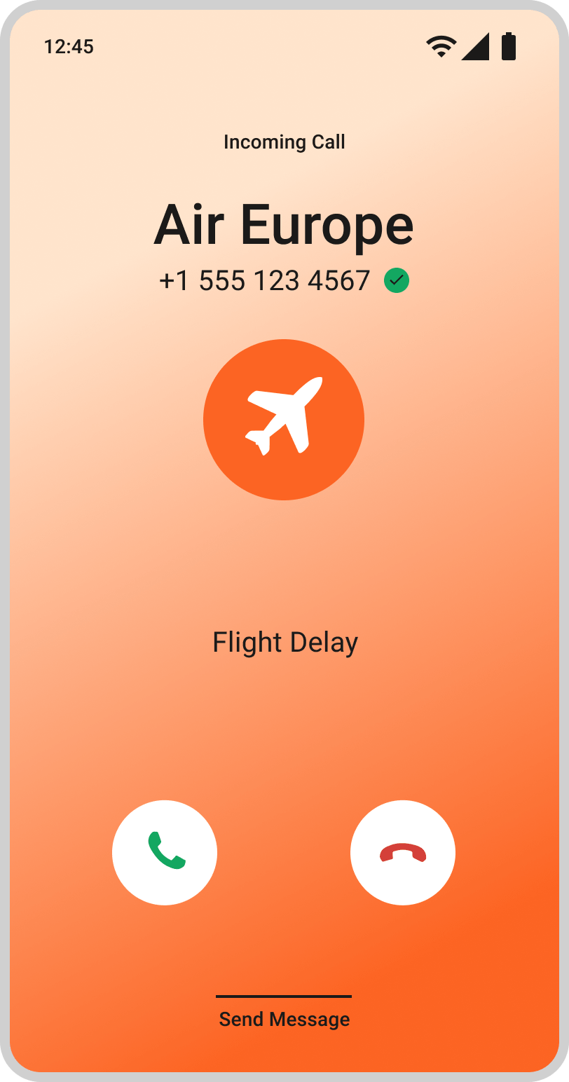 Android incoming call screen showing a verified airline flight delay notification with branded caller ID and answer or decline call options.