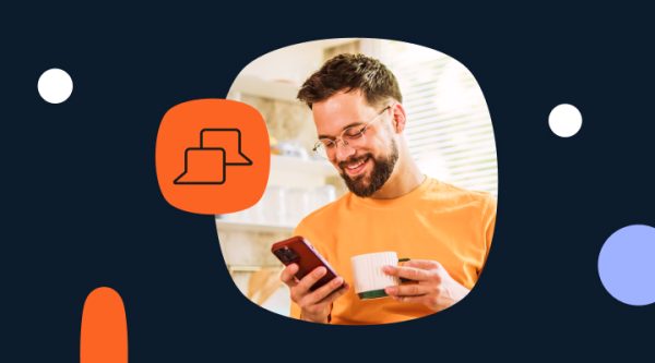 Header image showing a smiling man in an orange shirt looking at his phone while holding a mug, framed in a rounded shape on a dark blue background with colorful graphic elements and an Infobip icon.