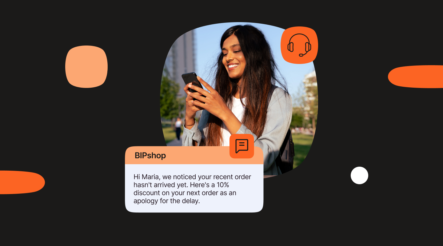 Person using a smartphone outdoors with an example customer service message offering a discount after a delayed order, alongside messaging and support icons.