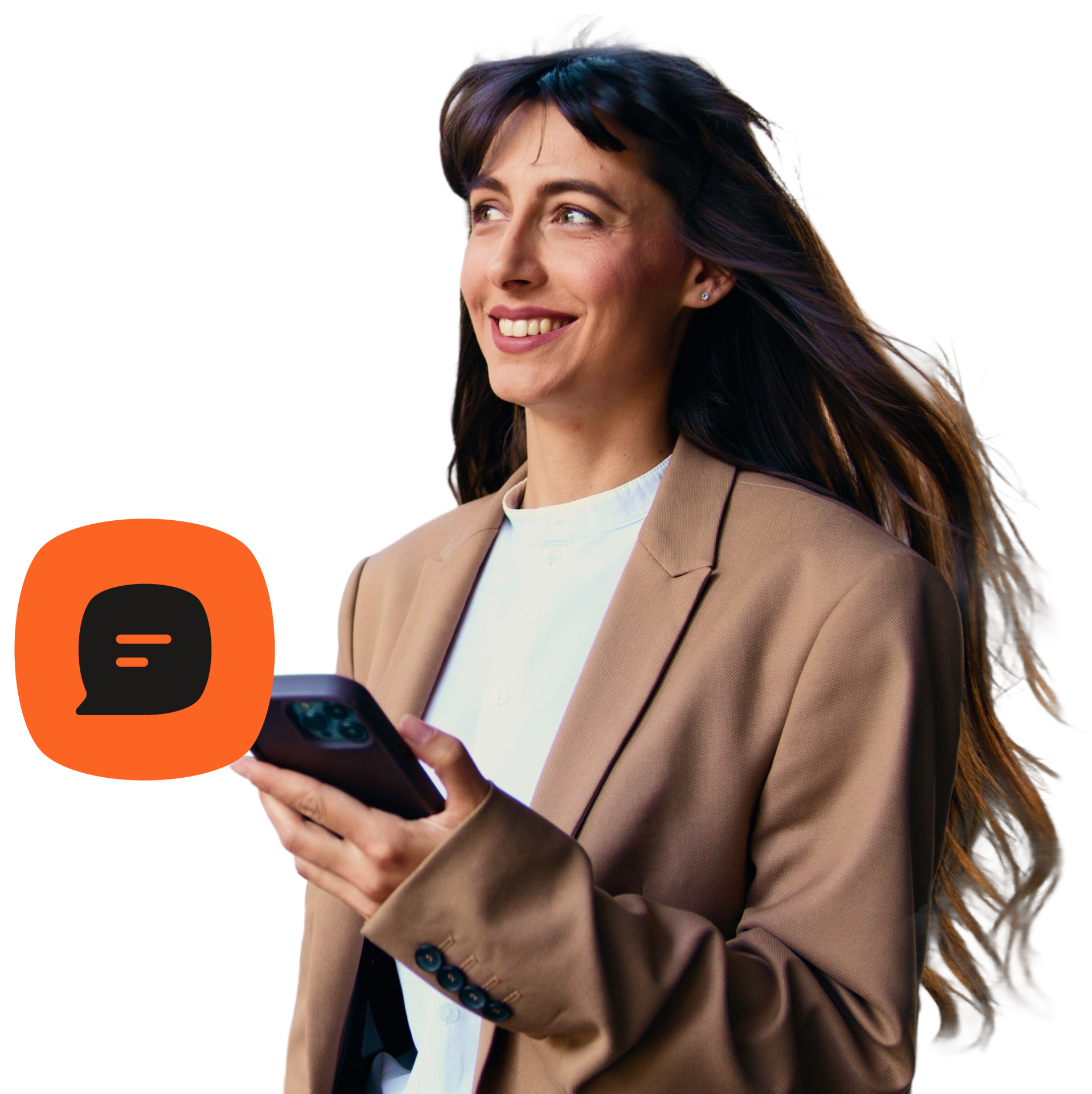Cutout image of a smiling woman with long dark hair wearing a tan blazer, holding a smartphone, next to an orange speech bubble icon, isolated on a white background.