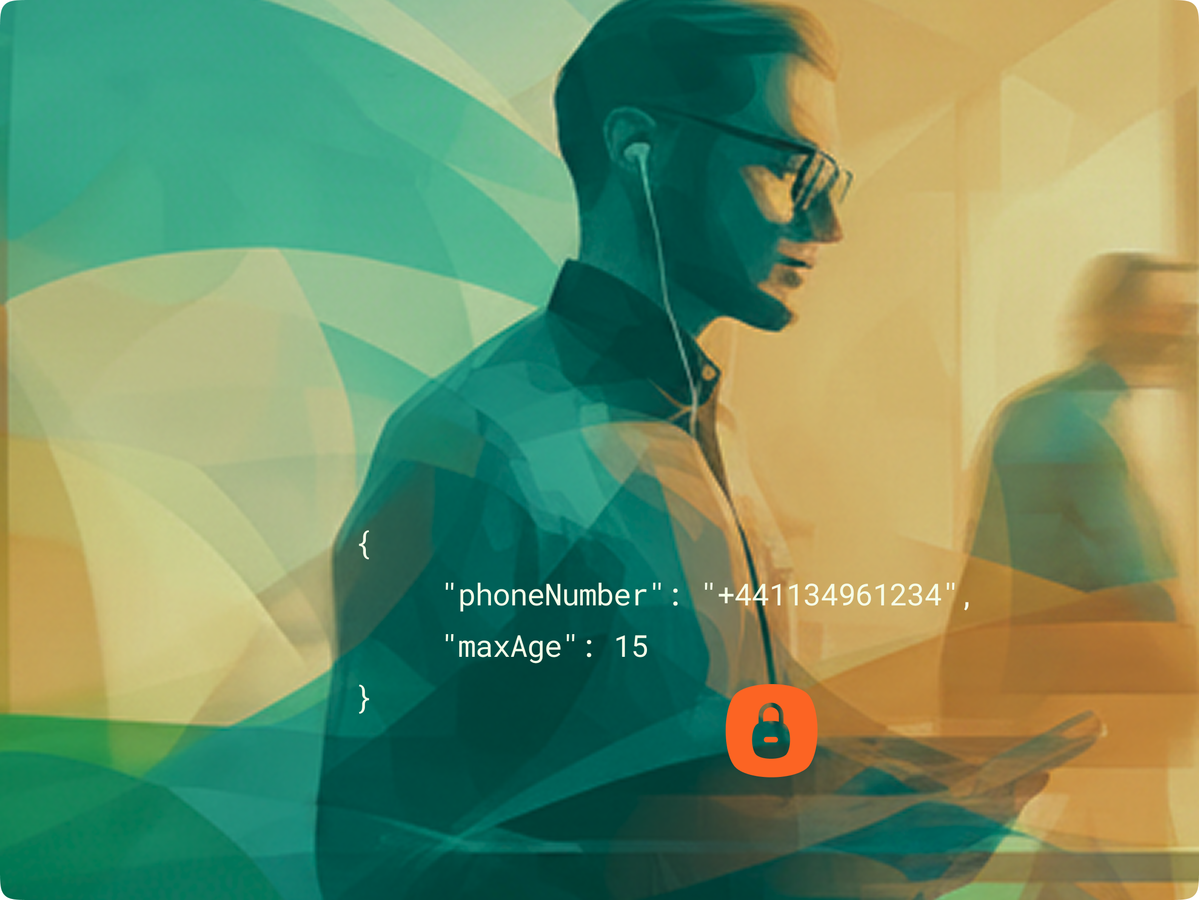 Abstract illustration of a man wearing glasses and earphones while looking at a phone, with overlaid code showing a phone number and maxAge value, plus a padlock icon suggesting mobile security and data protection.