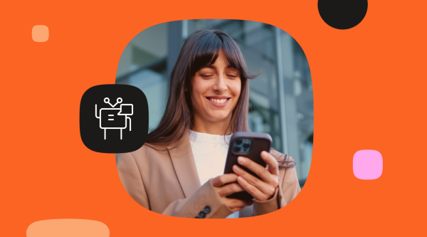 Promotional graphic for Infobip’s conversational experience content on a bright orange background, alongside a smiling woman looking at her smartphone and an AI chatbot icon.