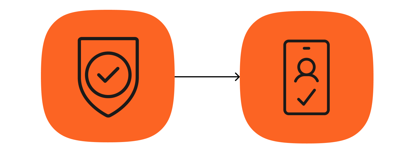 Icon diagram showing a verified shield connecting to a phone displaying a verified business profile checkmark.