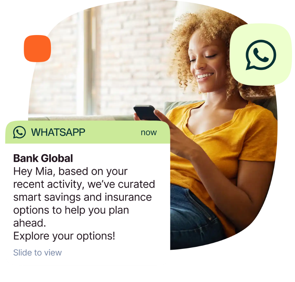 WhatsApp notification from a bank with personalized savings and insurance offer, shown on a customer’s phone