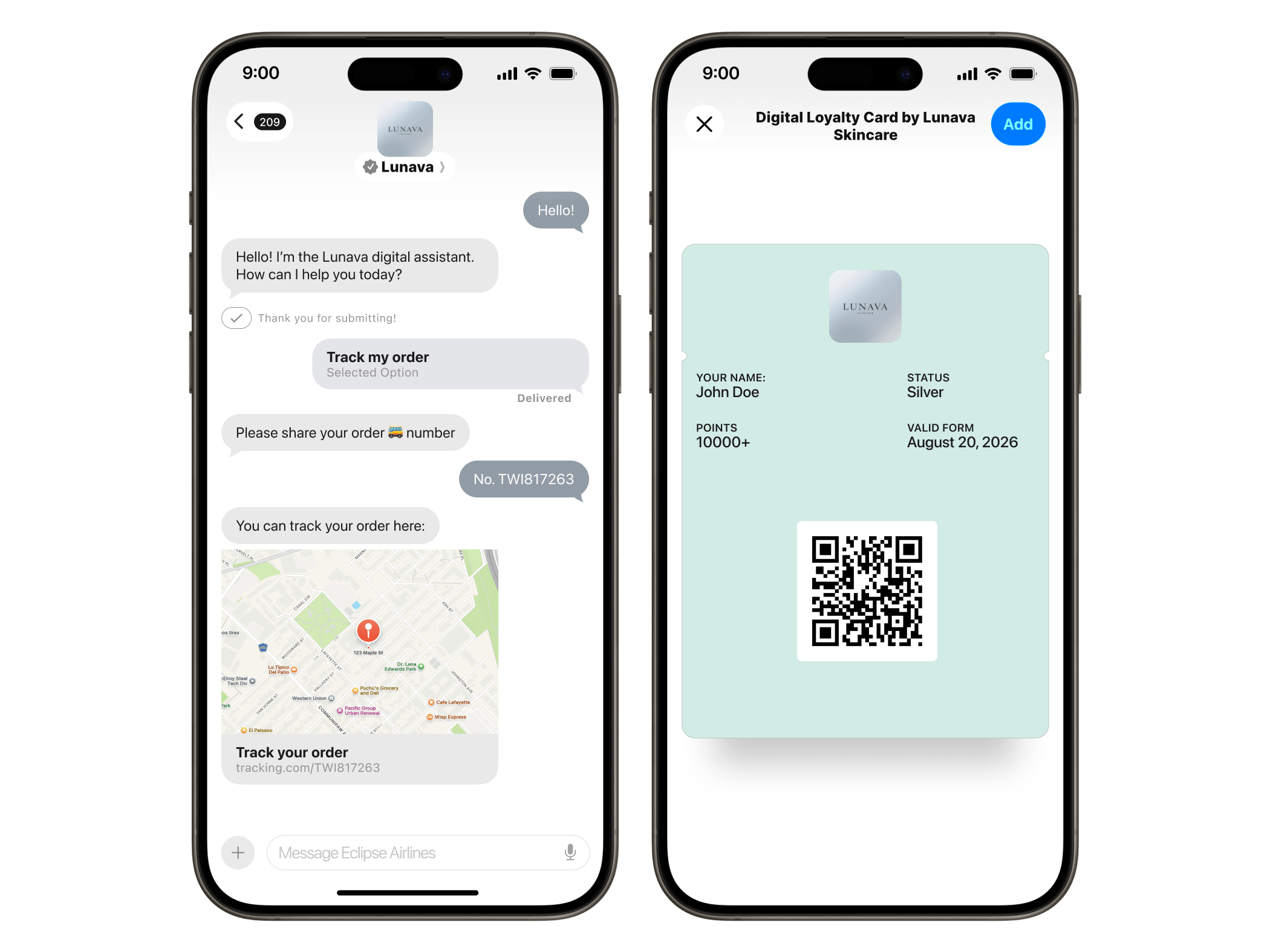 Two iPhone mockups show a Lunava order-tracking chat and a digital loyalty card. The left screen shows the Lunava digital assistant asking for an order number, the user replying “No. TWI817263,” and a map-based tracking card labeled “Track your order” with the URL tracking.com/TWI817263. The right screen shows a “Digital Loyalty Card by Lunava Skincare” with an Add button, the name John Doe, status Silver, points 10000+, valid until August 20, 2026, and a large QR code.