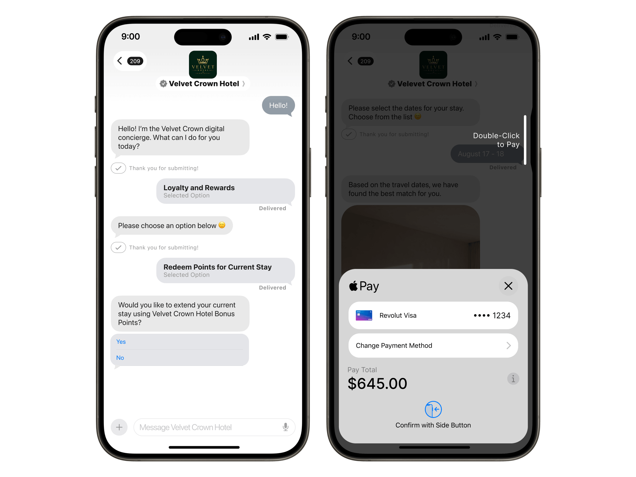 Two iPhone mockups show a Velvet Crown Hotel digital concierge flow. The left screen shows a chat where the concierge offers “Loyalty and Rewards,” the guest selects “Redeem Points for Current Stay,” and is asked whether to extend the stay using Velvet Crown Hotel Bonus Points, with Yes/No reply buttons. The right screen shows a dimmed hotel booking screen behind an Apple Pay checkout sheet for Revolut Visa ending 1234, with a pay total of $645.00 and a prompt to confirm with the side button.