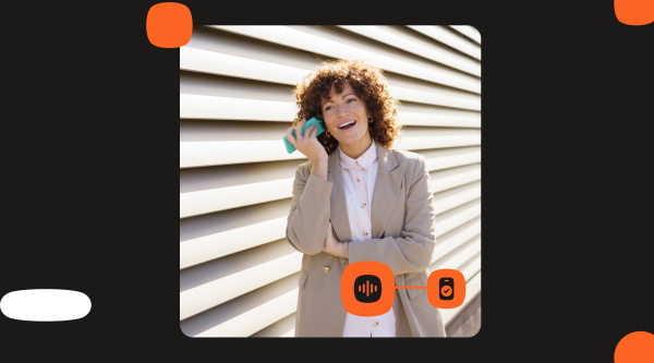 Photo of a smiling woman standing outdoors by a siding wall and talking on a smartphone. In the lower right, orange icons show voice audio connected to a verified mobile device.