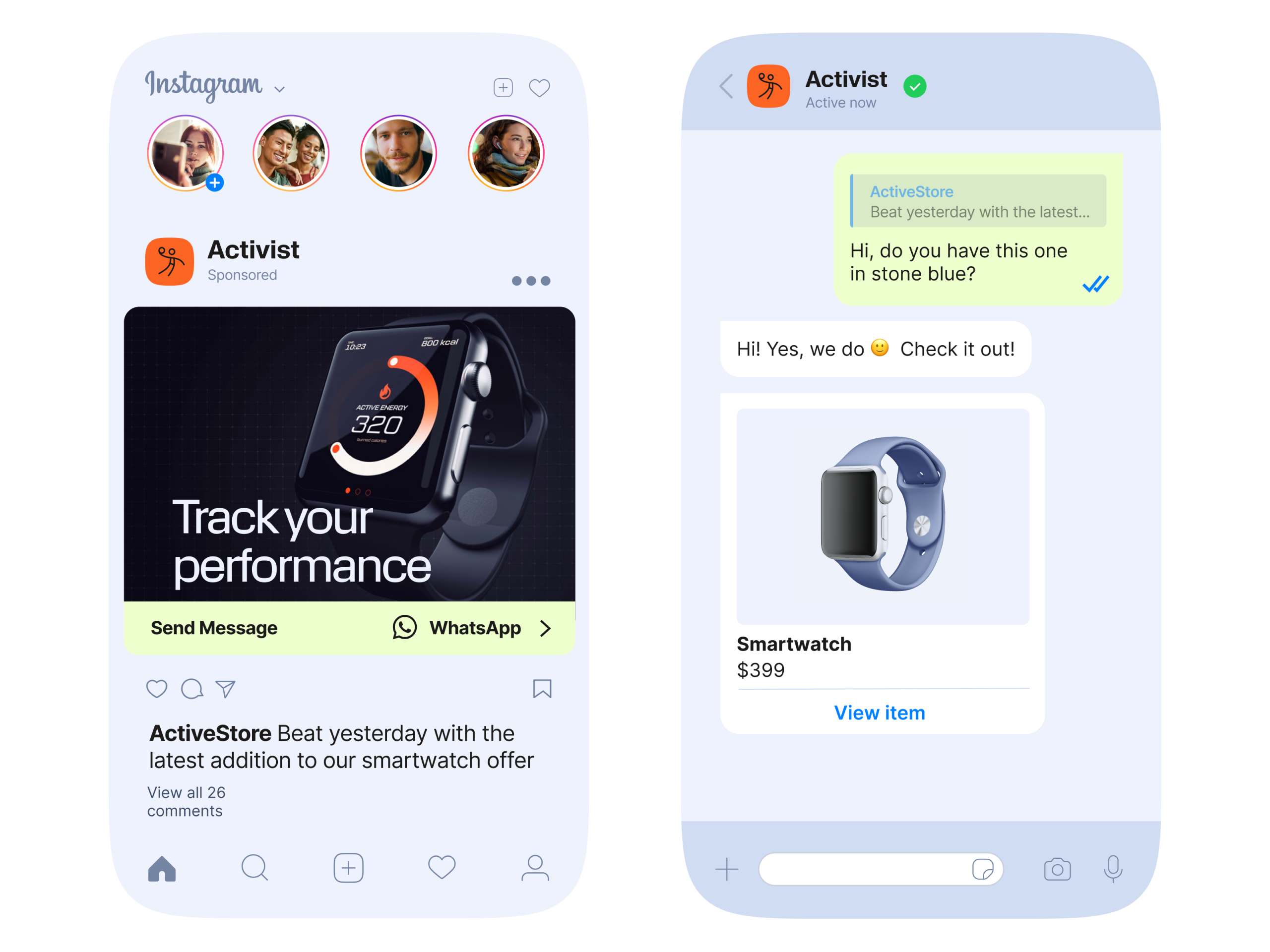 Instagram click-to-message ad driving to an RCS business chat, showing a smartwatch promotion and product card with price and 'View item' button