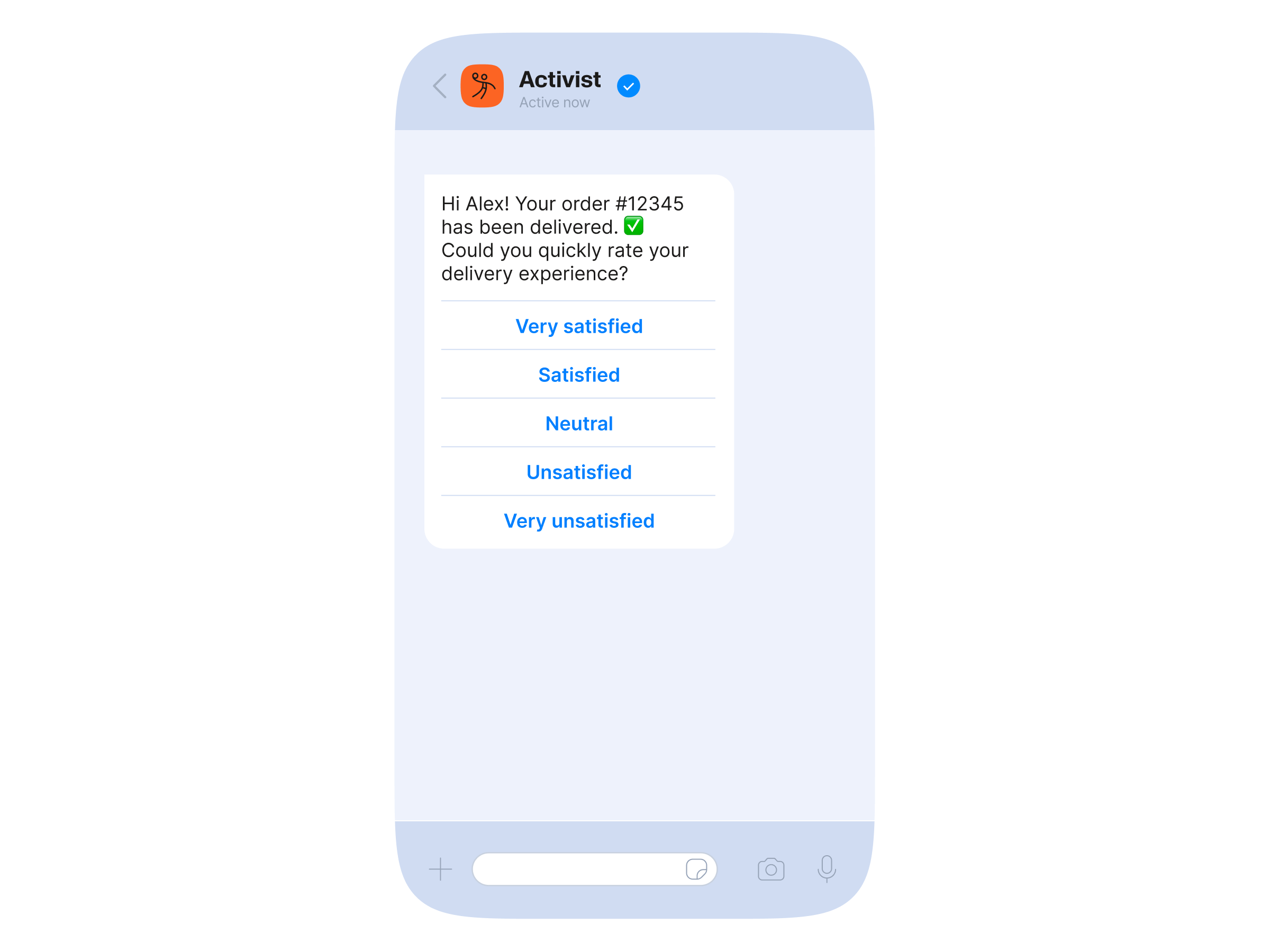 RCS delivery confirmation message with interactive satisfaction rating options from very satisfied to very unsatisfied
