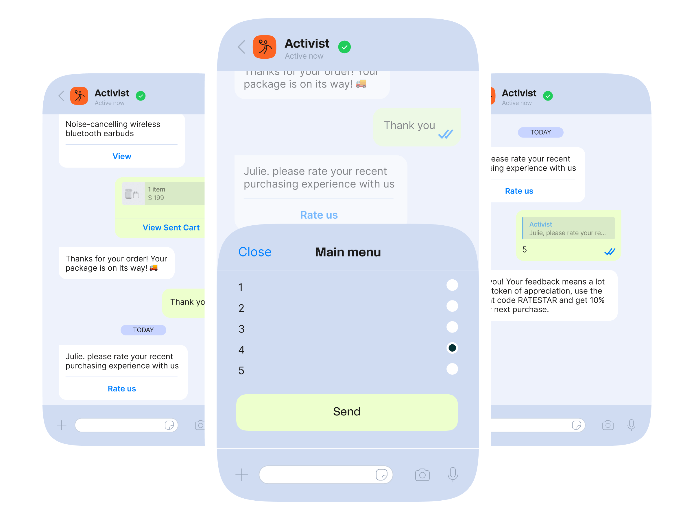RCS business messaging example showing an order update and a customer satisfaction rating flow with 1–5 score selection and send button