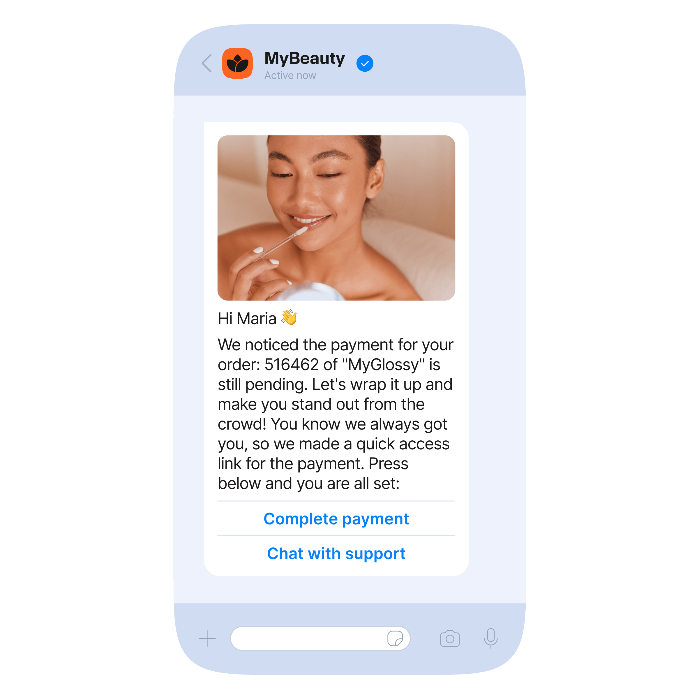RCS payment reminder from MyBeauty with product image and buttons to complete payment or chat with support