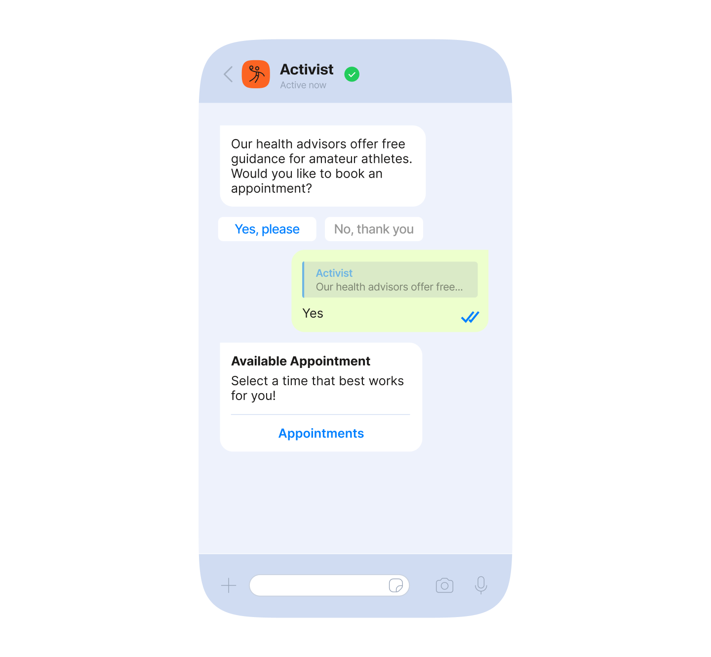 WhatsApp chat screenshot from "Activist" showing a chatbot offering free health advisor guidance, with quick reply buttons and an appointment booking card.