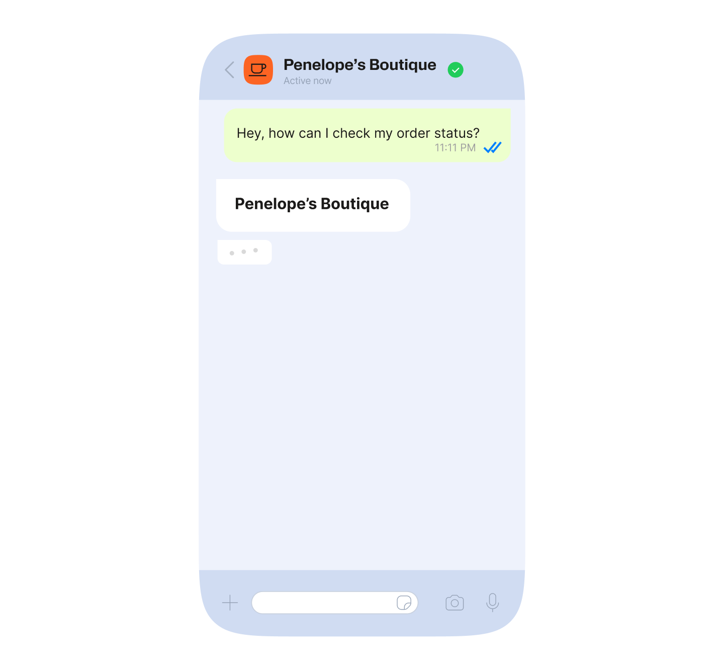 WhatsApp chat screenshot showing a customer asking "Penelope's Boutique" how to check their order status, with the business shown typing a reply.