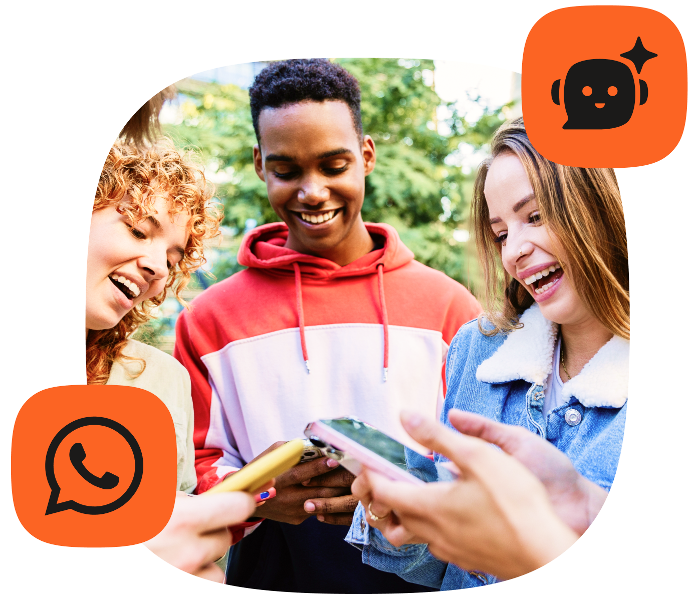 Three friends smiling and looking at phones together outdoors, with WhatsApp and AI chatbot icons overlaid to represent AI-driven messaging.
