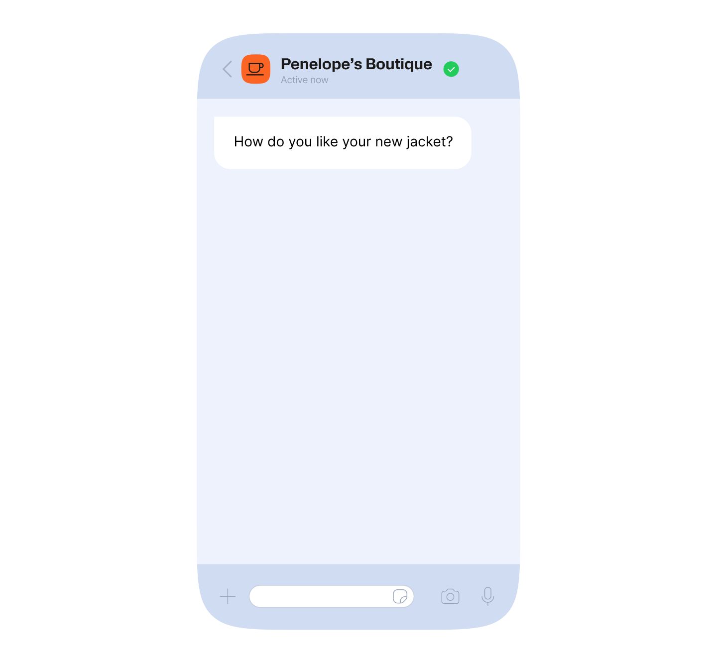 WhatsApp chat screenshot from "Penelope's Boutique" showing a proactive follow-up message asking "How do you like your new jacket?"