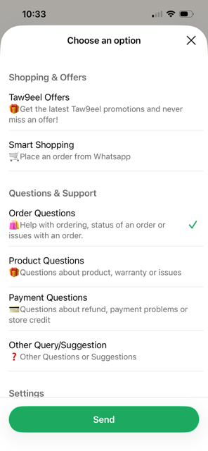 Screenshot from WhatsApp chatbot conversation where user is prompted to select the nature of their query. In this case 'Order query' is checked.