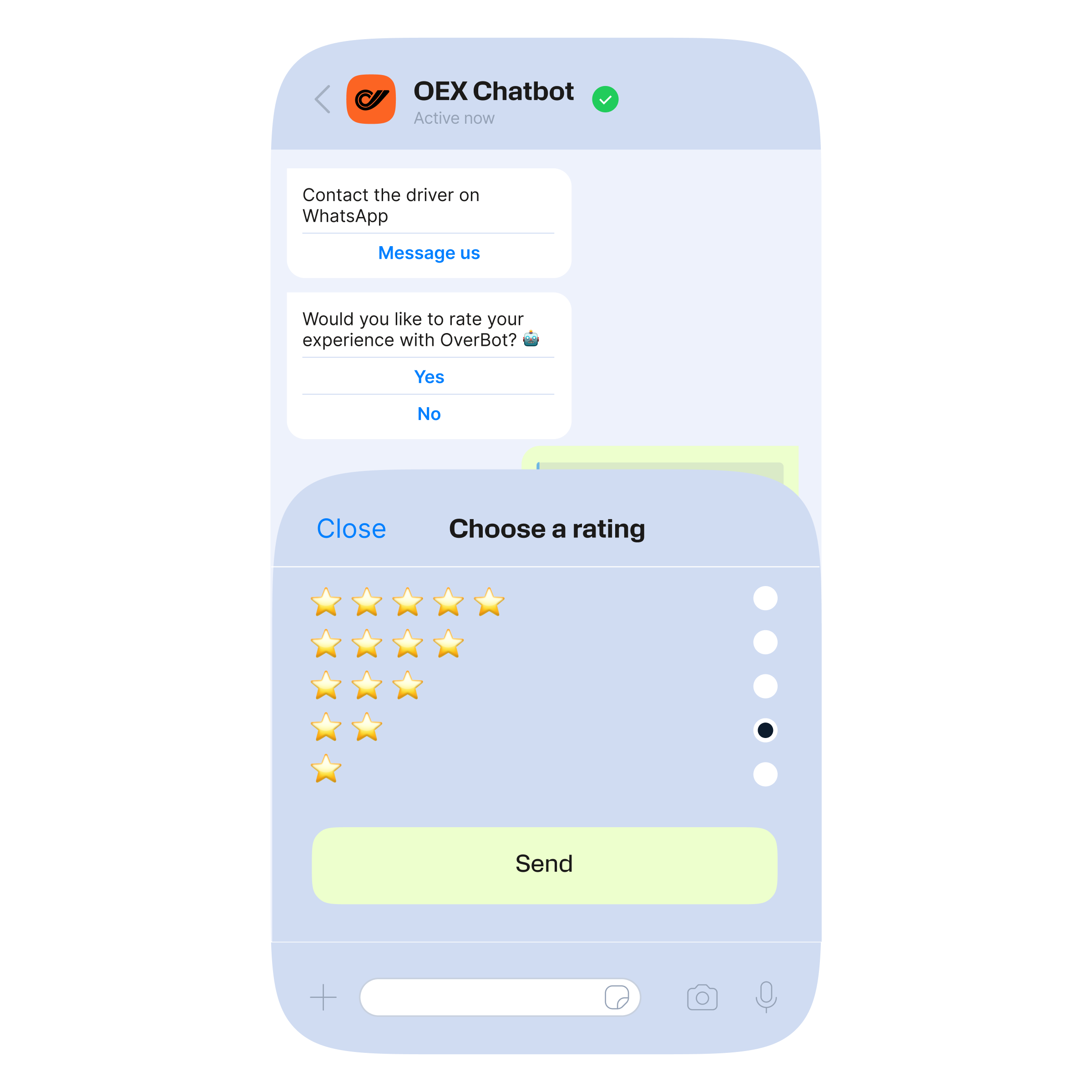 OEX Chatbot conversation showing the user submitting a 5-star rating and receiving a thank-you message.
