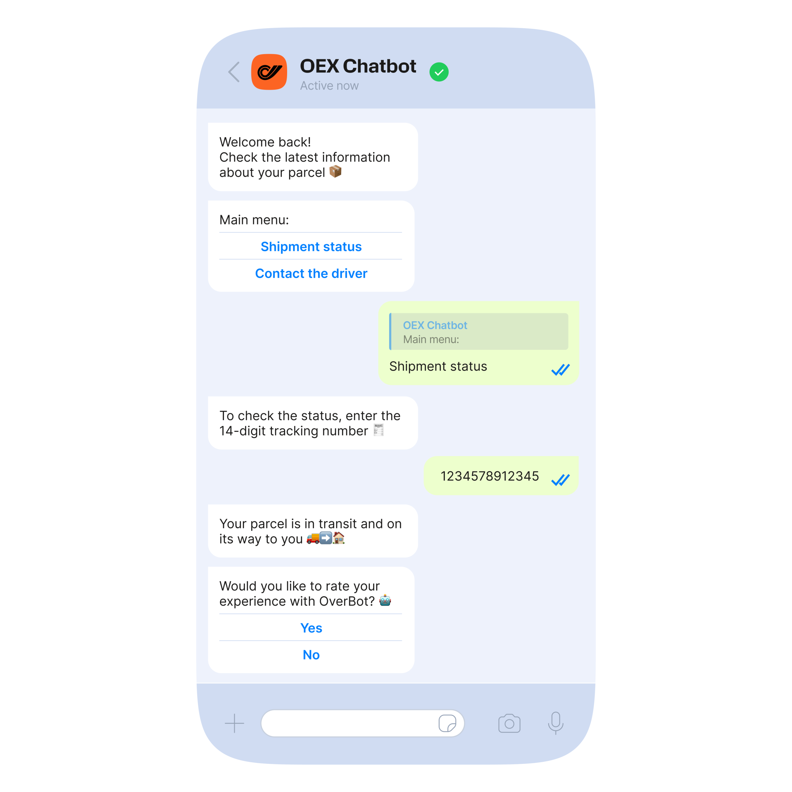 OEX Chatbot WhatsApp conversation showing the main menu with "Shipment status" and "Contact the driver" options, followed by a prompt to enter a 14-digit shipment number.