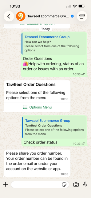 Screenshot from WhatsApp chatbot conversation where user is prompted to enter their order number.