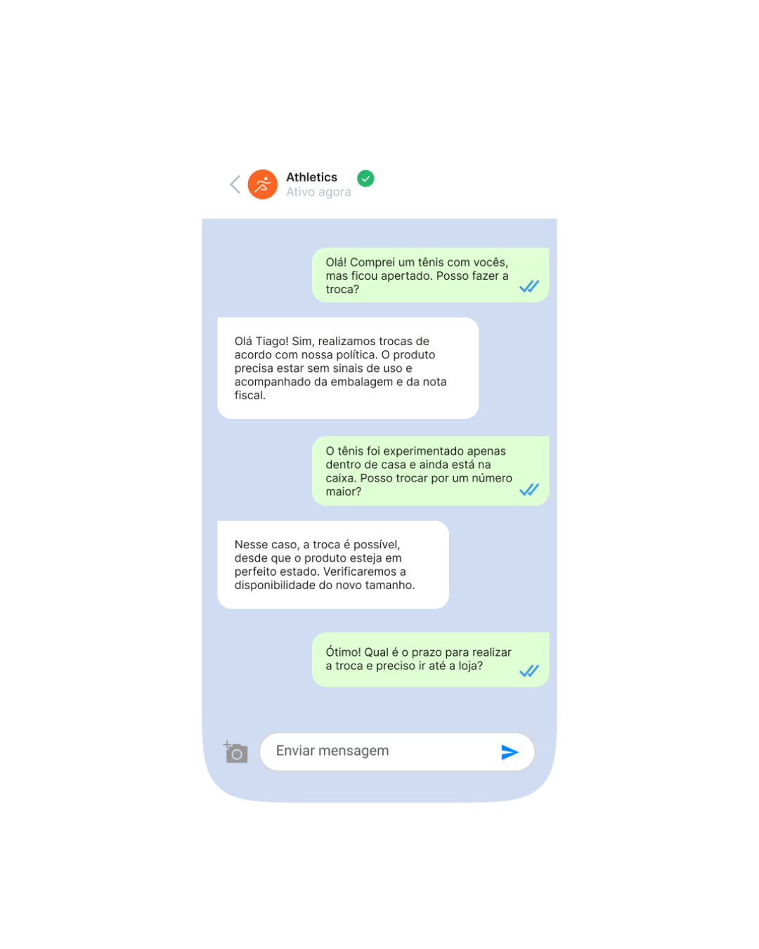 Tela de conversa no WhatsApp com a loja “Athletics” sobre a troca de um tênis apertado. O cliente informa que o produto foi apenas experimentado em casa e está na caixa; a loja aceita a troca, desde que o item esteja sem sinais de uso e acompanhado da embalagem e da nota fiscal, e informa que verificará a disponibilidade de um tamanho maior. Esse é um exemplo de mensagem fre-form (texto livre) no WhatsApp.