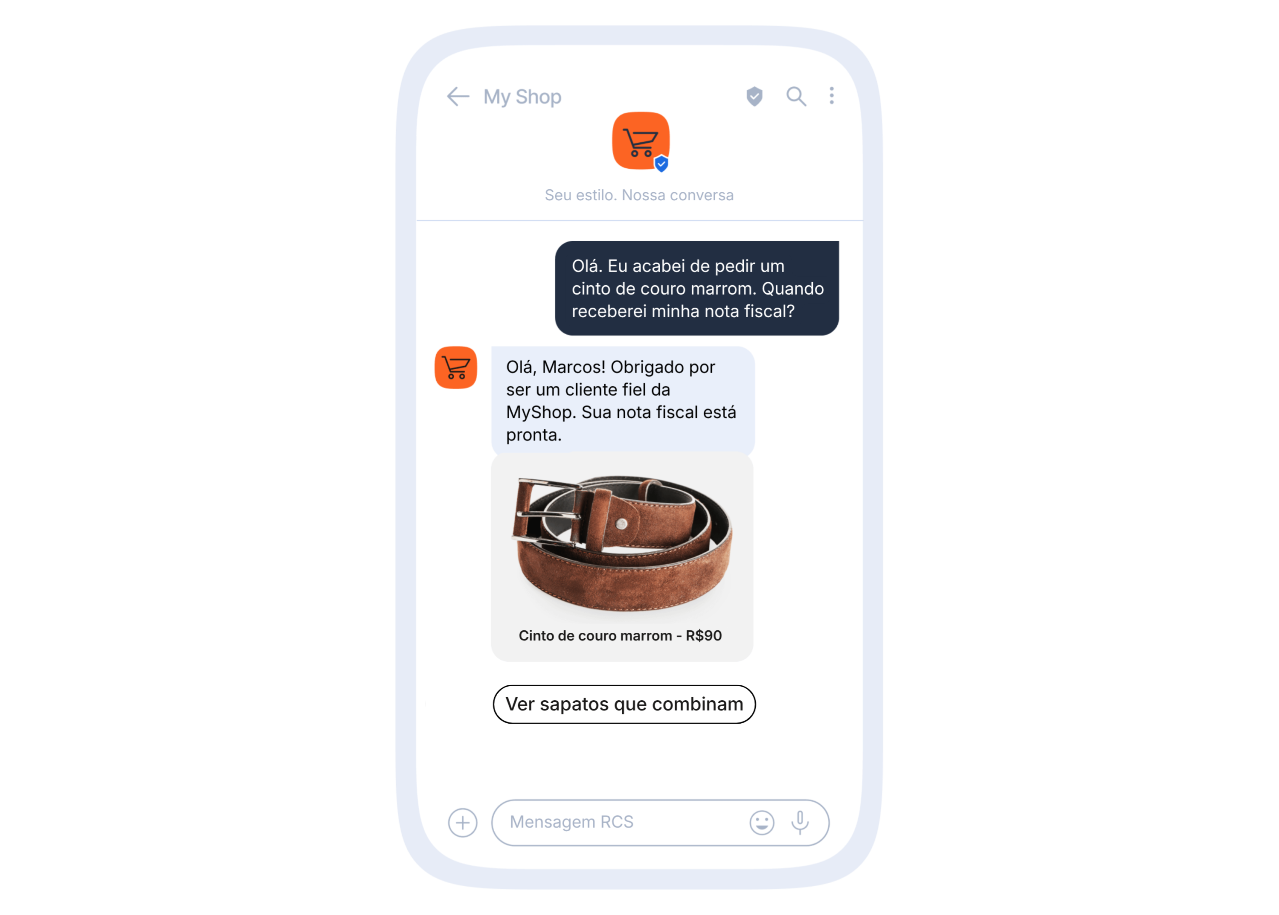 Tela de conversa RCS da MyShop em um celular, na qual o cliente pergunta sobre a nota fiscal de um cinto de couro marrom; a loja responde e exibe o produto por R$ 90, com botão para ver sapatos que combinam.