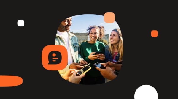 Header image of three smiling people looking at their phones inside a rounded frame, with an orange RCS chat-bubble icon and decorative orange and white shapes on a black background.