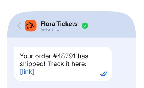 Smartphone screenshot of an RCS message from Flora Tickets reading 'Your order #48291 has shipped! Track it here: [link],' shown with double check-mark read receipts.