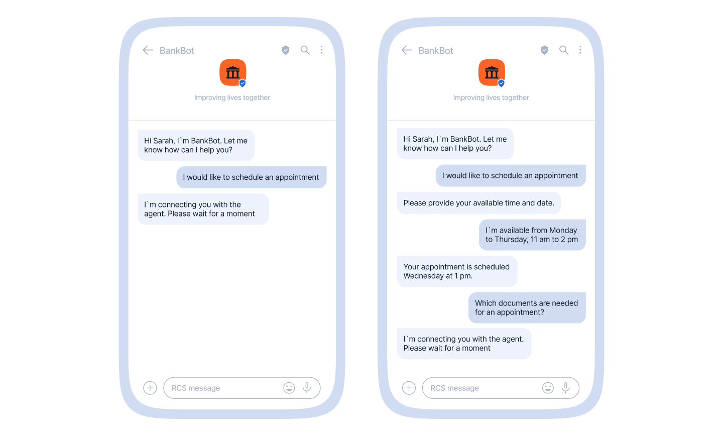 Two smartphone screenshots of an RCS chat with BankBot (tagline: Improving lives together). Left screen: BankBot says 'Hi Sarah, I'm BankBot. Let me know how can I help you?'; user replies 'I would like to schedule an appointment'; BankBot replies 'I'm connecting you with the agent. Please wait for a moment.' Right screen: same opening exchange, then BankBot asks 'Please provide your available time and date.'; user replies 'I'm available from Monday to Thursday, 11 am to 2 pm'; BankBot confirms 'Your appointment is scheduled Wednesday at 1 pm.'; user asks 'Which documents are needed for an appointment?'; BankBot replies 'I'm connecting you with the agent. Please wait for a moment.
