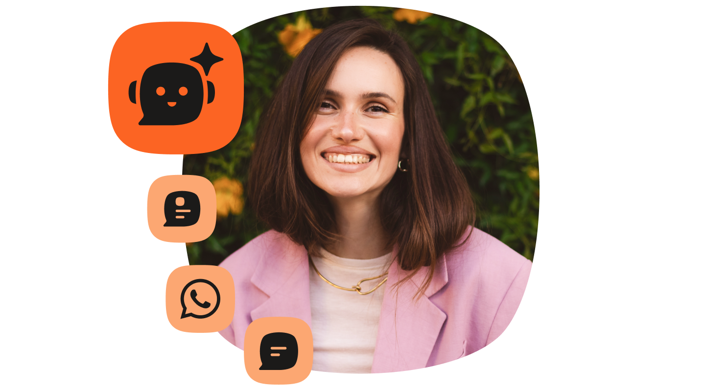 Illustration of a smiling woman in a pink blazer beside four rounded icons representing communication channels: an orange chatbot icon, an RCS chat-bubble icon, a WhatsApp icon, and a messaging icon.