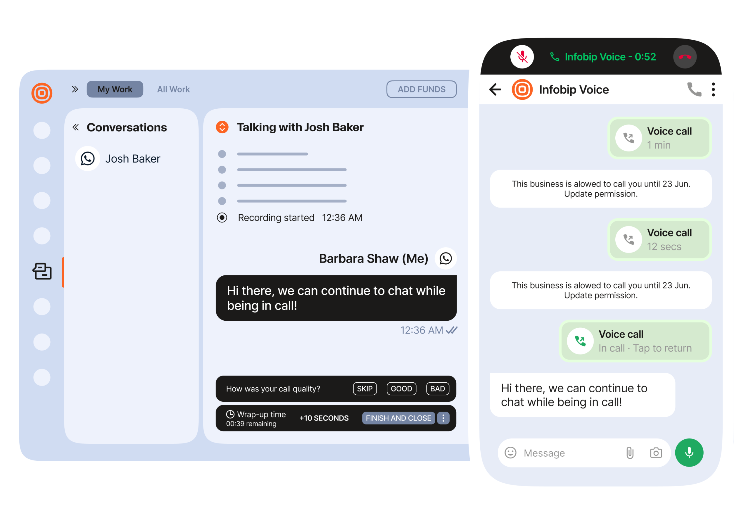 WhatsApp business calling interface showing voice call and chat happening at the same time