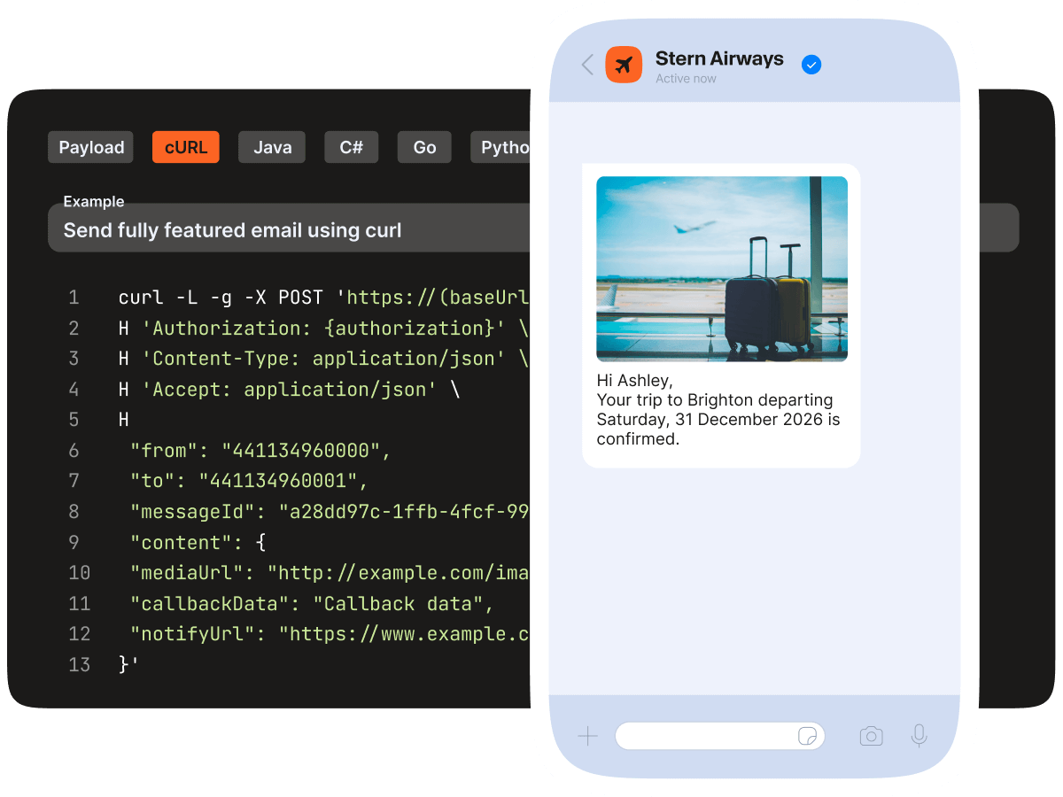 Developer interface showing cURL API example alongside airline WhatsApp travel confirmation message