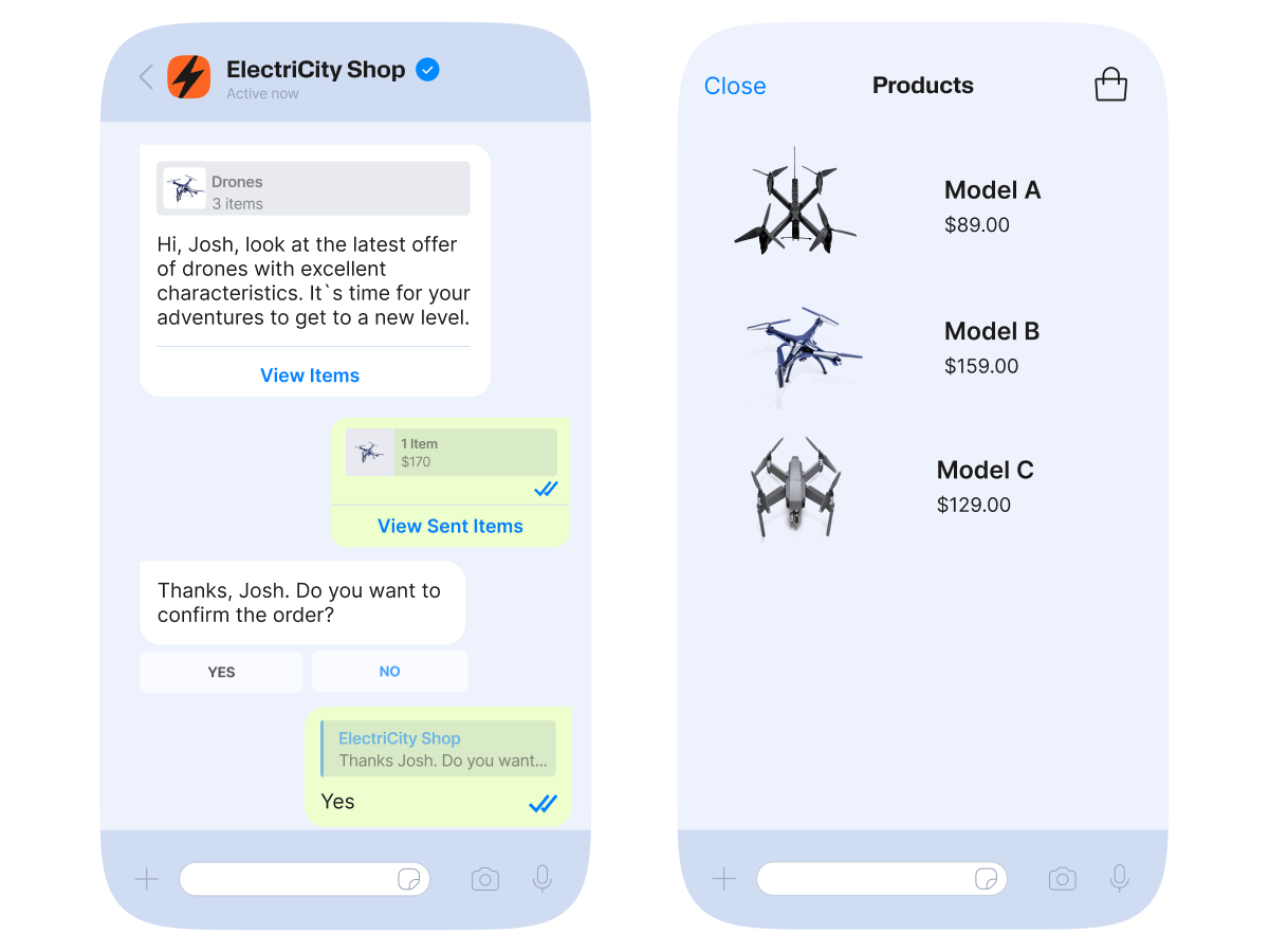 Chat commerce product catalog showing drone offers, item selection, and order confirmation on mobile