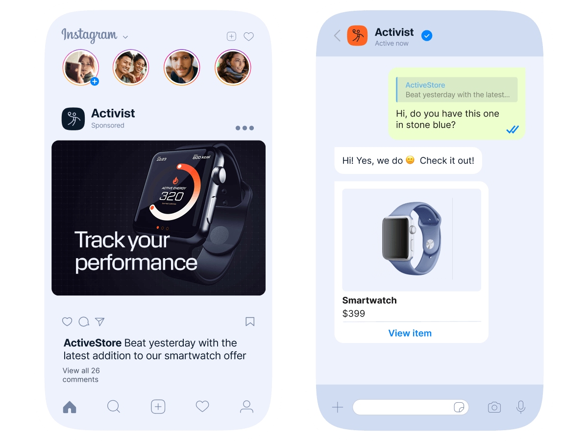 Instagram ad and chat conversation showing smartwatch product discovery and purchase journey