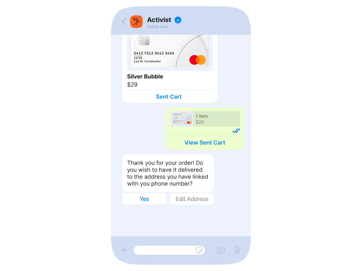 Chat commerce checkout screen showing sent cart, order confirmation, and delivery address prompt