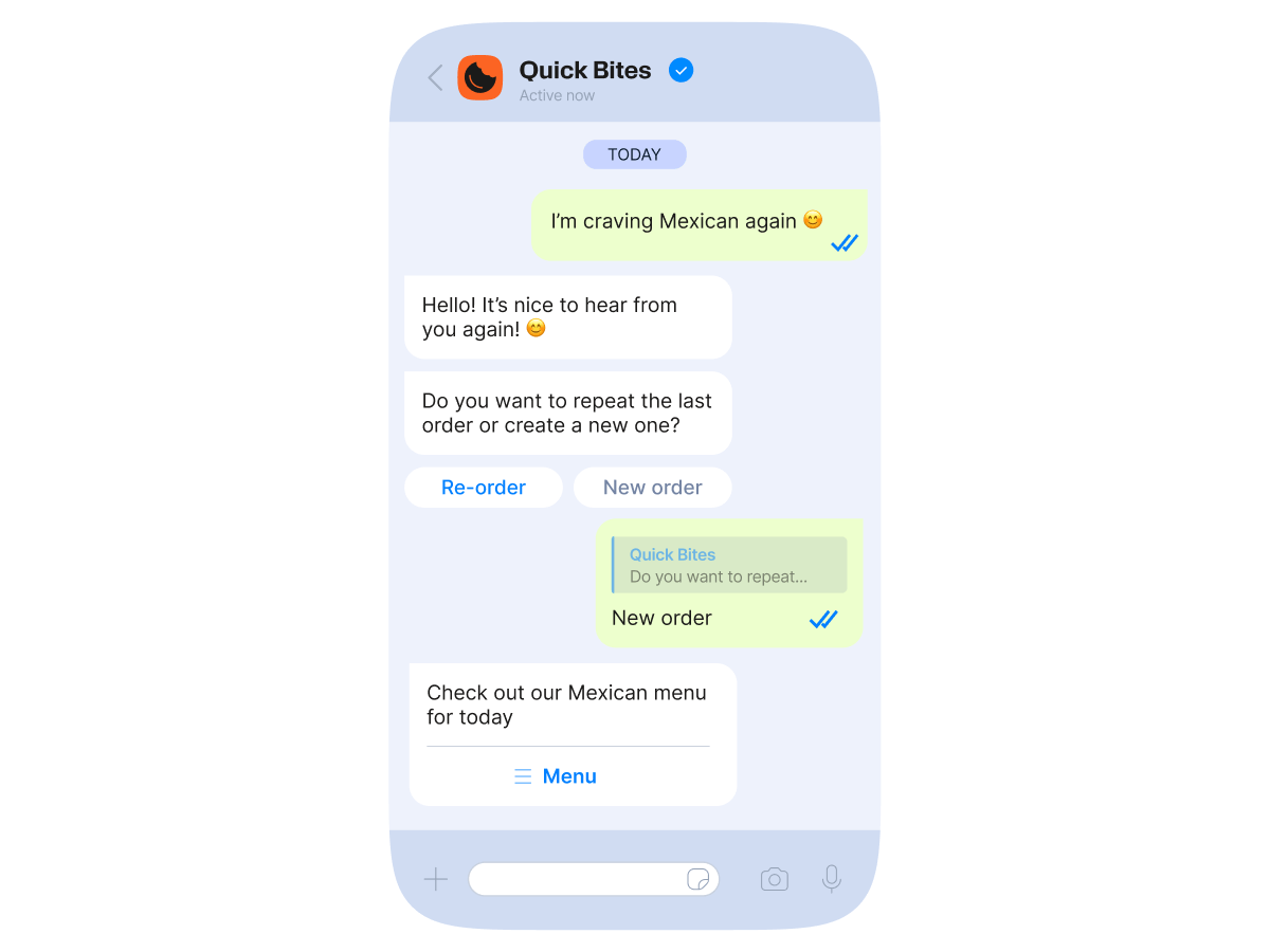 Restaurant chat showing food ordering conversation with re-order, new order, and menu options