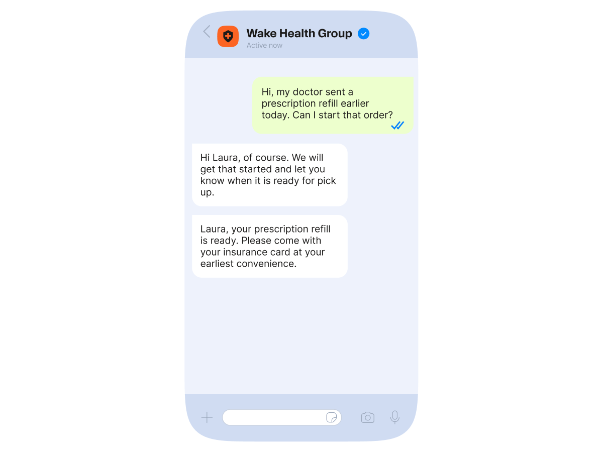 Healthcare chat showing prescription refill request and pickup confirmation on mobile