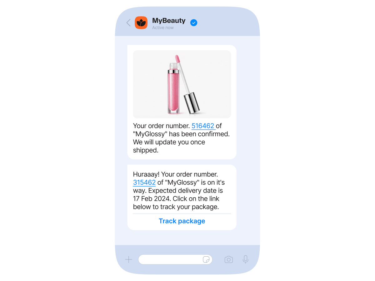 Beauty brand chat showing lipstick order confirmation and package tracking updates on mobile
