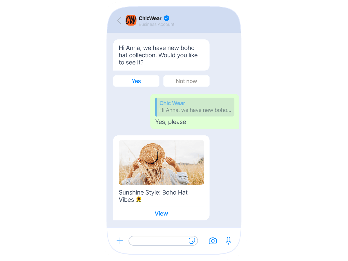 Fashion retail chat showing boho hat product recommendation and customer response on mobile