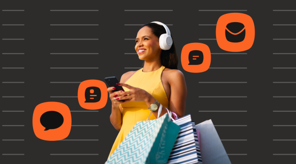 A smiling woman in a yellow dress and headphones checks her phone while carrying shopping bags, surrounded by orange icons representing email, chat, and messaging channels.