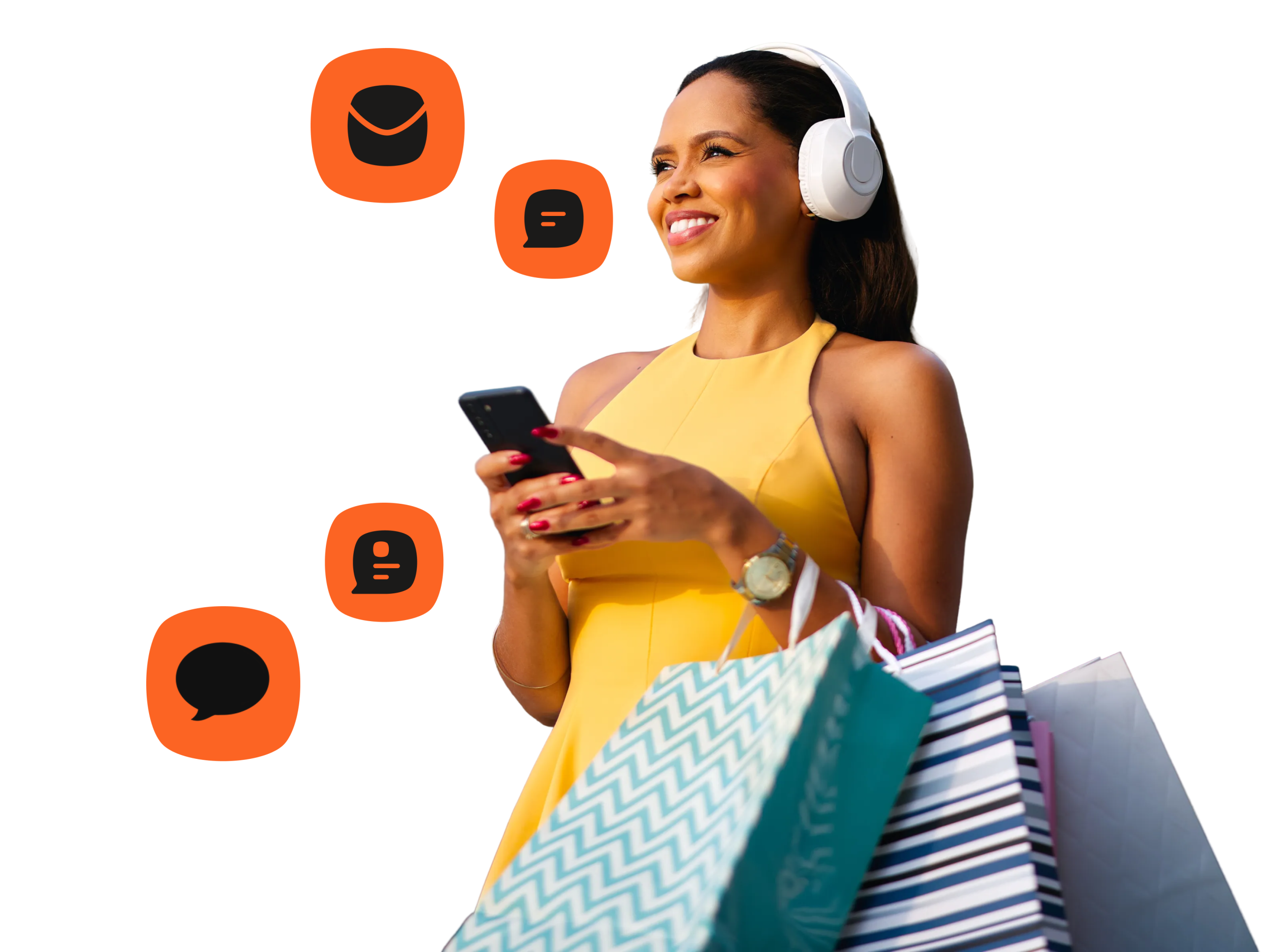 A smiling woman in a yellow dress and headphones checks her phone while carrying shopping bags, surrounded by orange icons representing email, chat, and messaging channels.