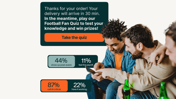 Promotional graphic for the Fan Engagement Survey Report showing a sample RCS message inviting customers to play a Football Fan Quiz while waiting for a delivery, alongside stats reading 87% call AI critical, 22% have it working, 44% show up post-event, and 11% feel the payoff, with a photo of three friends looking at a phone together.