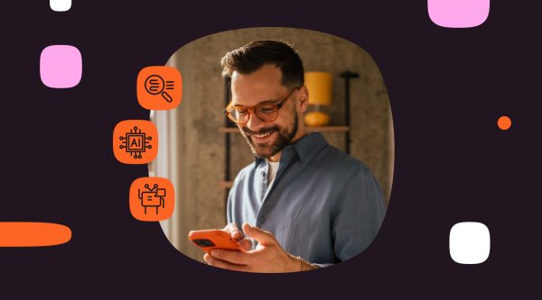 Man smiling while using his phone, alongside icons representing search, AI, and chat-based customer interactions.