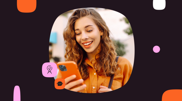 Smiling young woman looking at her orange smartphone, with network signal and chatbot icons on a dark graphic background.