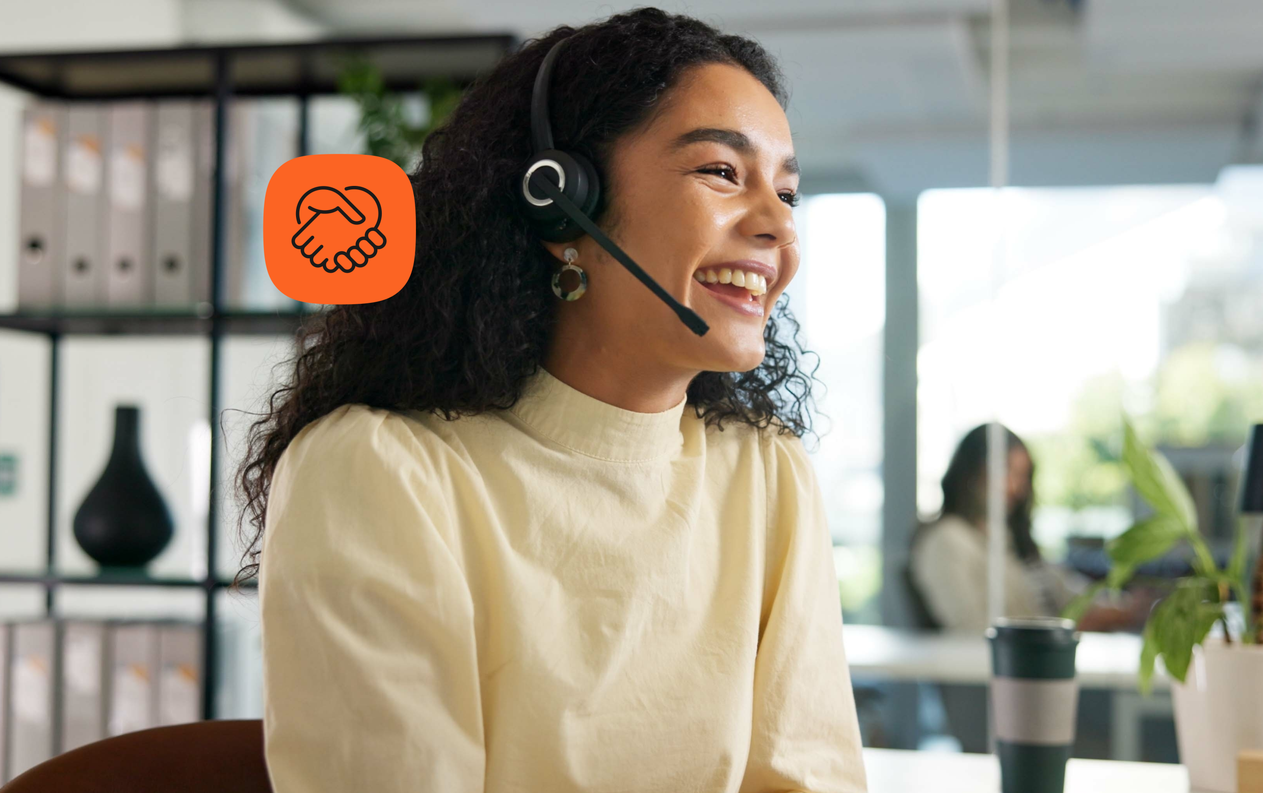 Woman on a call with a headset with a symbol referencing support