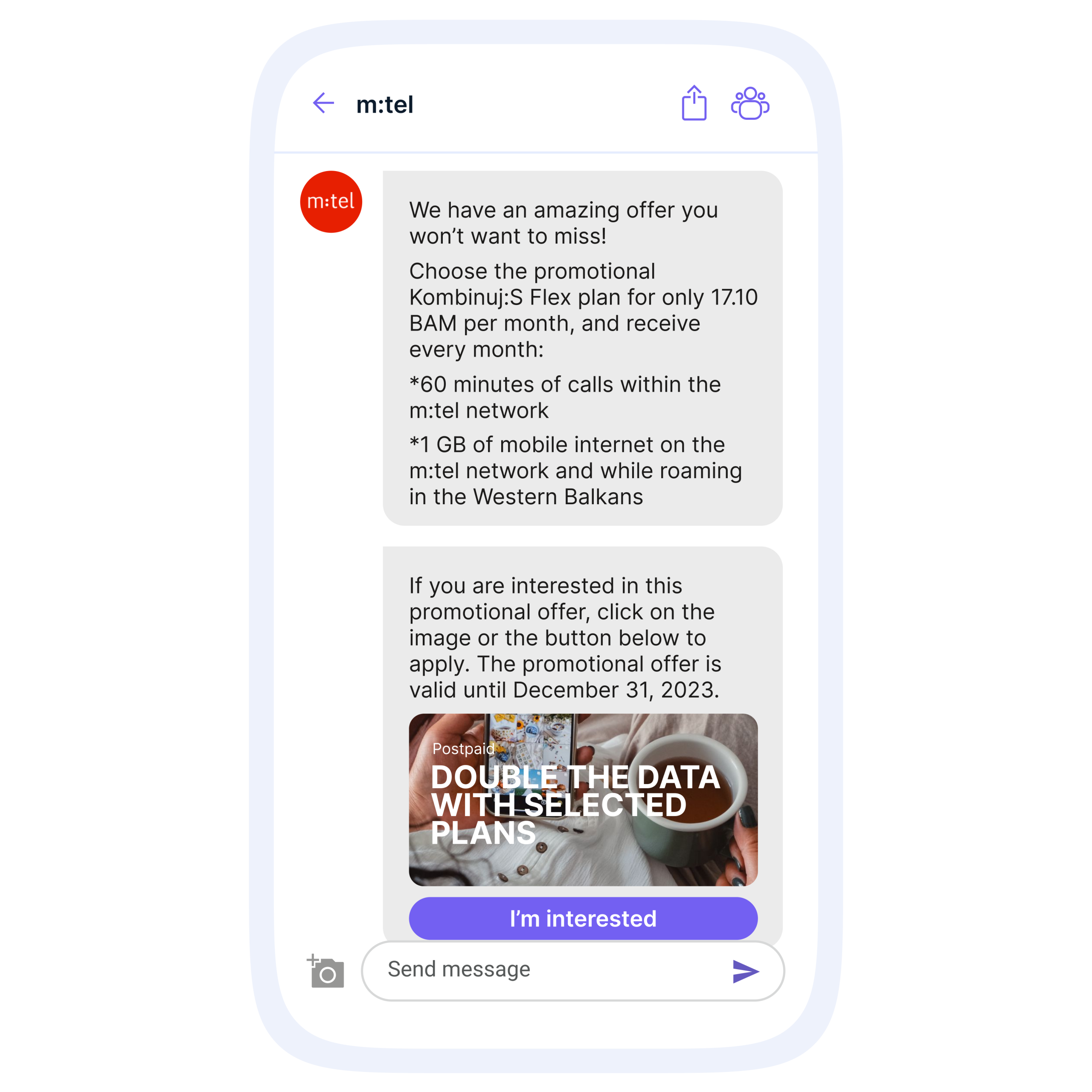 Viber message from m:tel promoting a mobile plan offer with an I’m interested button