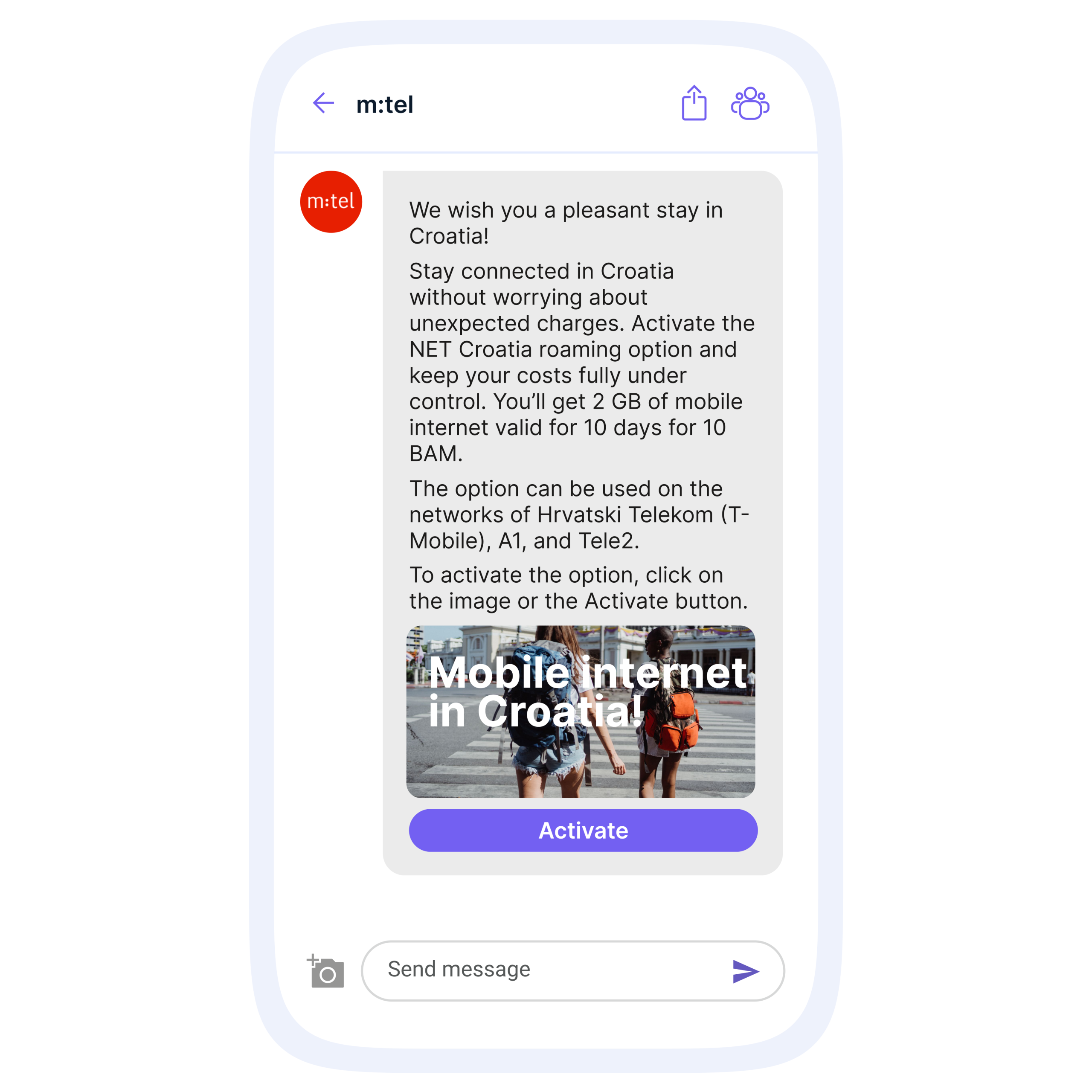 Viber message from m:tel promoting a Croatia roaming offer with an Activate button