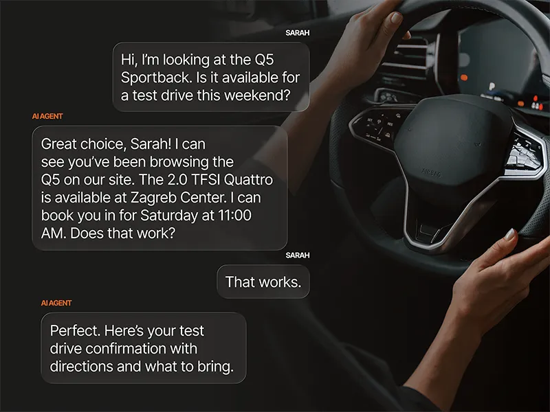 AI-powered automotive customer service chat displayed alongside a vehicle dashboard and steering wheel. The conversation shows a customer inquiring about a Q5 Sportback test drive, while an AI agent checks availability, schedules an appointment at a dealership, and confirms test drive details.