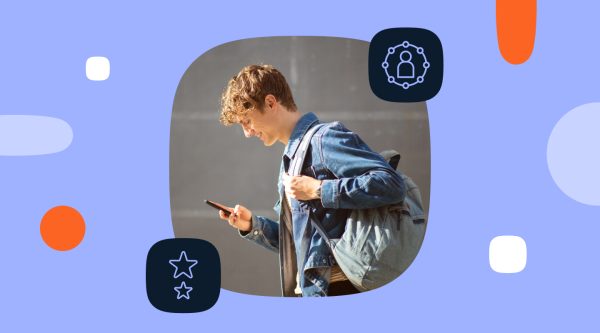Decorative periwinkle blue graphic featuring a rounded rectangular photo of a smiling young man with curly hair in a denim jacket checking his phone while wearing a backpack, surrounded by dark navy icon badges showing a star rating symbol and a customer network icon, plus scattered orange and white geometric accent shapes.