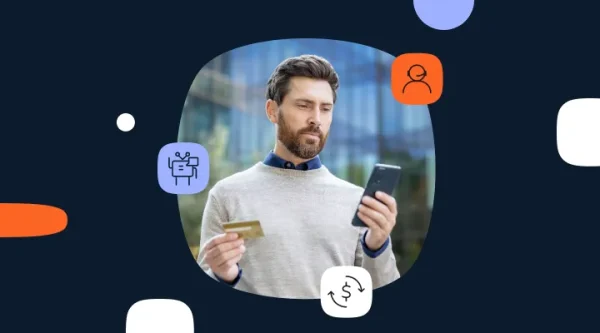 Man holding a credit card while looking at his smartphone, surrounded by icons representing customer support, chatbots, and financial transactions on a dark blue background.